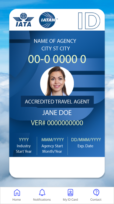 Digital IATA ID card in the mobile app, with the original bottom navigation.