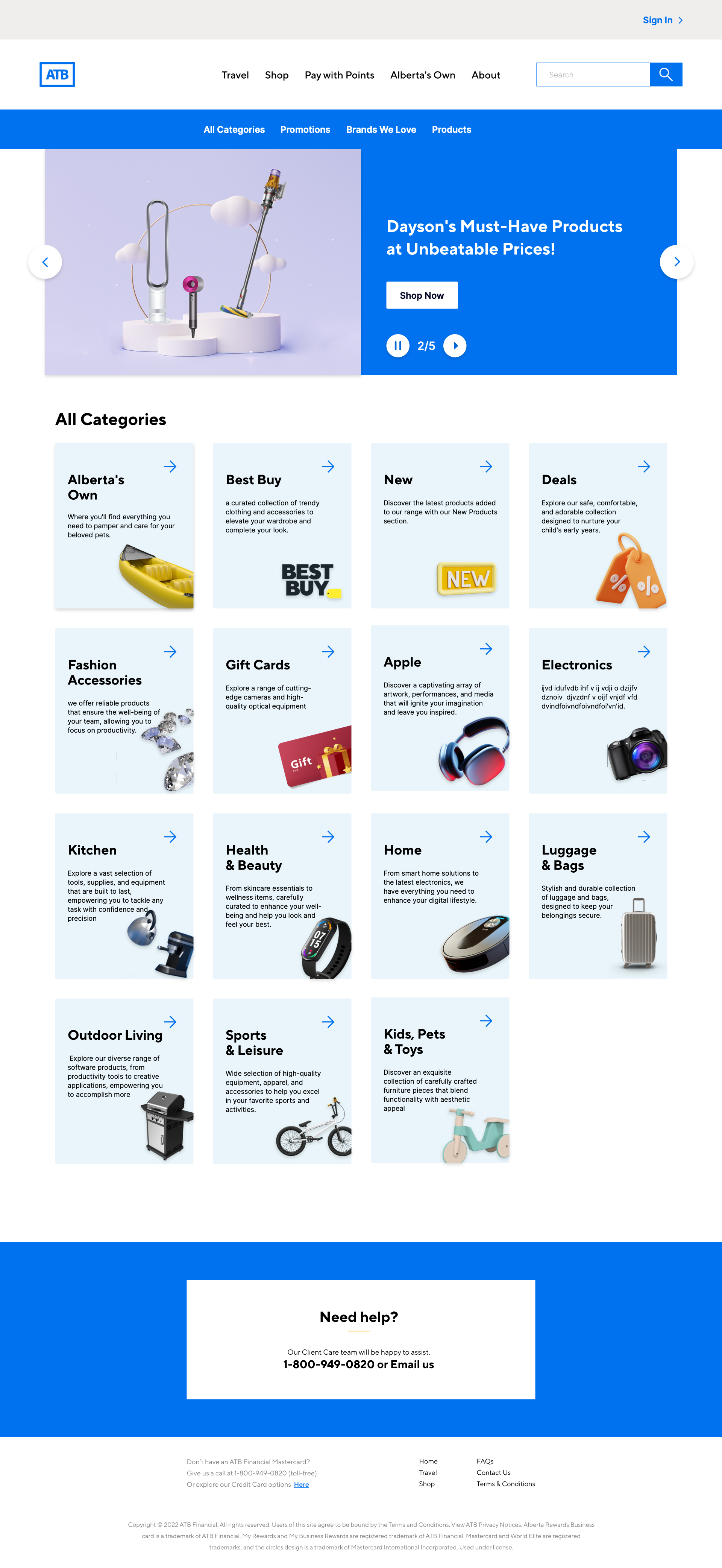ATB Rewards redesigned shopping interface showing the navigation, Dyson merchandise promotion, and rewards categories including Alberta’s Own, Best Buy, gift cards, electronics, and home.